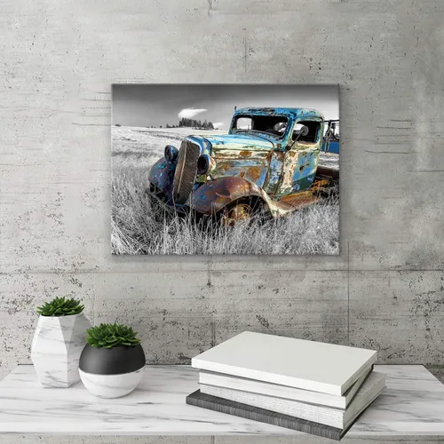 Vista 2 de Lienzo decorativo para pared de automóvil oxidado: cuadros de camiones viejos impresos en lienzo para dormitorio