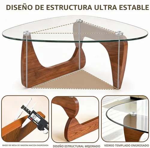 Vista 4 de Mesa de centro para sala de estar, mesa de centro pequeña con parte superior de vidrio templado triangular y patas de madera, mesas de centro