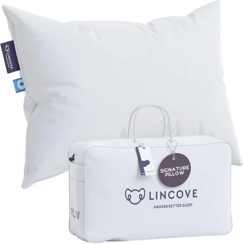 Vista 10 de Lincove Signature - Almohada de plumón 100% blanca canadiense, almohada de lujo para dormir de espalda, estómago y de lado, almohada de cama de 800
