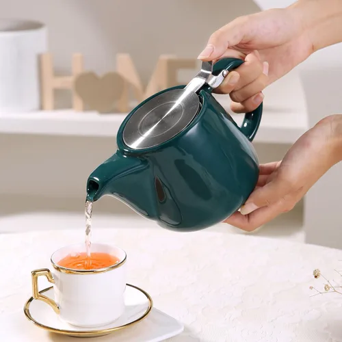 Vista 4 de Tetera de cerámica con infusor de acero inoxidable, resistente al calor, perfecta para hacer té, verde, 500ml/17oz verde (Ceramic Teapot Green)