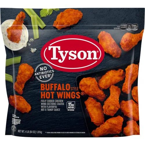 Vista 4 de Tyson Alitas de pollo con hueso estilo búfalo totalmente cocidas, con sabrosa salsa picante y picante, 0.55 onzas de proteína por porción, paquete