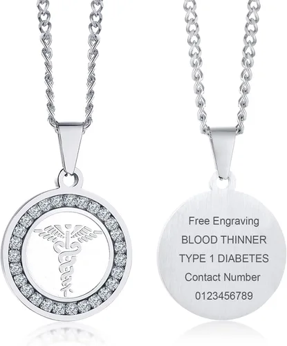 Vista 103 de VNOX Collar con colgante personalizado de acero inoxidable con grabado personalizado para identificación de alerta médica de emergencia para hombres