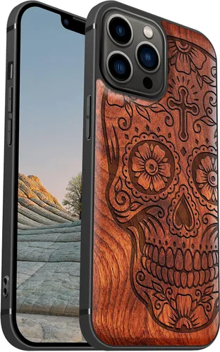 Vista 11 de Carveit Funda magnética de madera para iPhone 13 Pro Max [madera natural y TPU suave negro] Funda protectora de madera única y elegante a prueba