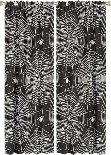 Vista 77 de Cortinas opacas de tela de araña aterradora para niños, tela de araña en blanco y negro, fondo rojo, dormitorio de niños, guardería, decoración