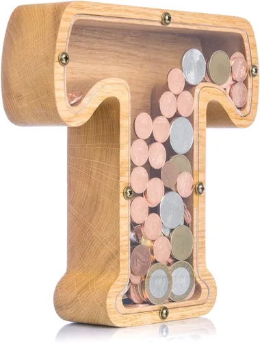 Vista 13 de Alcancía de madera personalizada con letra para niños, niñas y adultos, bancos de monedas de madera de roble duradero, 3 tamaños para elegir