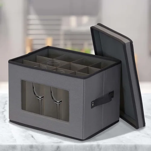 Vista 2 de Household Essentials Caja de almacenamiento para copas de champán, 12 compartimentos resistentes, panel frontal con ventana, 2 asas remachadas, caja