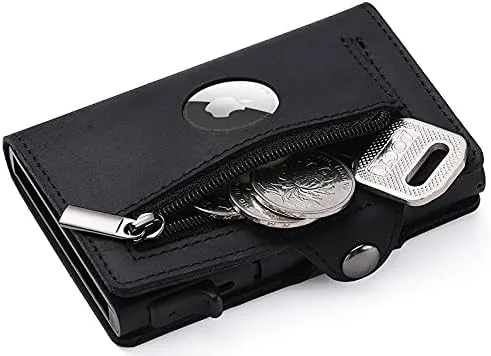 Vista 4 de TNE AirTag - Billetera de cuero genuino para tarjetas de crédito para hombres Bloqueo RFID Mini plegable automático de aluminio con cremallera