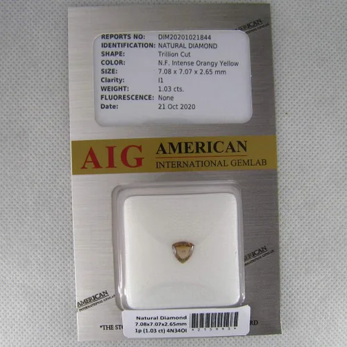 Vista 4 de 1.03 ct Corte de trillón certificado AIG (0.276 x 0.276 in) sin calentarsin tratar naranja amarillo diamante diamante suelto, Diamante natural
