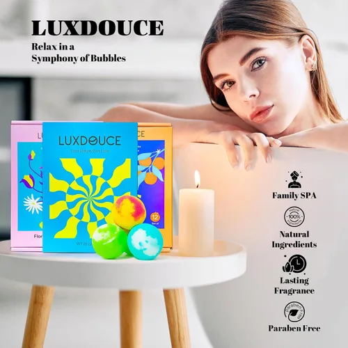 Vista 6 de Bombas de baño de regalo, paquete de 24 bombas de burbujas con 12 aromas únicos, colecciones florales y afrutadas, calmante para la piel y mejora
