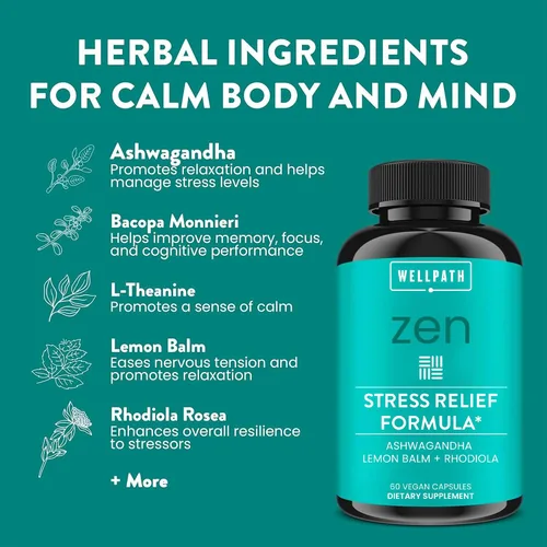 Vista 3 de WellPath Suplemento Zen para aliviar el estrés + apoyo del estado de ánimo, calma, estrés y apoyo energético Raíz de Ashwagandha, Rhodiola Rosea