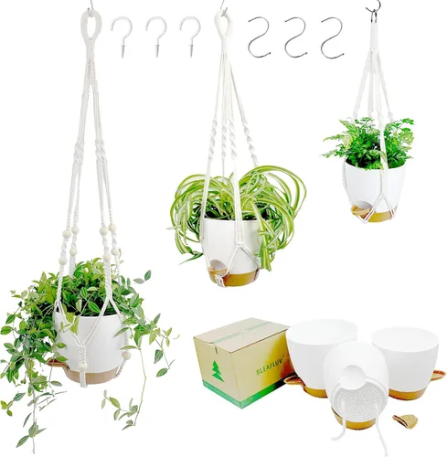 Vista 8 de Macetas colgantes con colgadores de macramé para plantas de interior y exterior, juego de 3 cestas colgantes de 35/27/21 pulgadas, macetas de riego