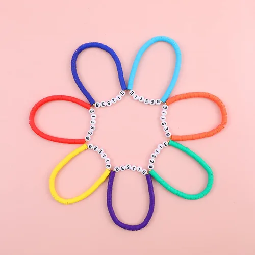 Vista 2 de Juego de pulseras Heishi Surfer de arcoíris para mujer, pulseras apilables de arcilla con cuentas de disco, pulseras elásticas de disco, pulseras