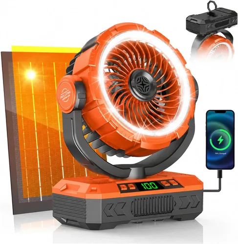 Vista 9 de Ventilador de campamento recargable con energía solar y oscilación automática, 【Funcionamiento de 60 horas】: ventilador portátil al aire libre, 5