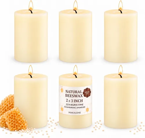 Vista 22 de Velas de pilar de cera de abeja natural, no tóxicas, 2 x 3 pulgadas, paquete de 6, 192 H de combustión larga Amarillo
