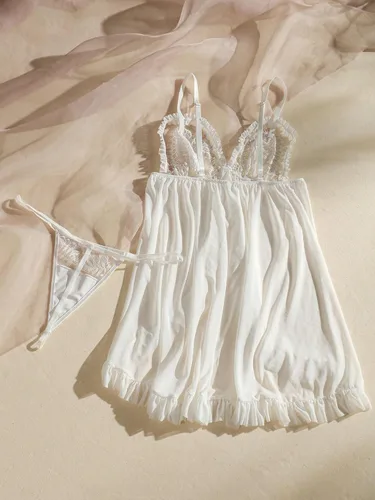 Vista 2 de SHENHE Vestido de lencería transparente con volantes y encaje para mujer, con tanga