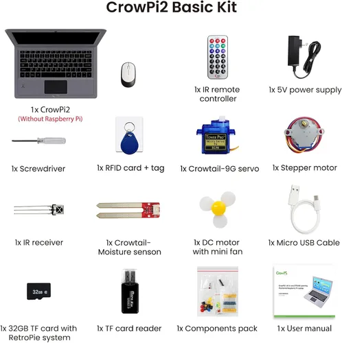 Vista 7 de ELECROW Crowpi2 - Kit todo en uno para Raspberry Pi 5, kit todo en uno para laptop Raspberry Pi con pantalla de 11.6 pulgadas (kit básico)