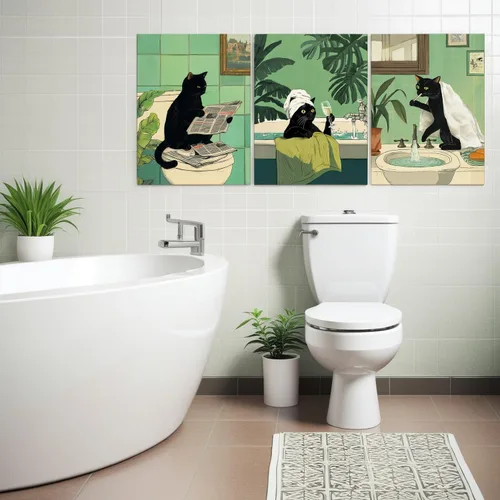 Vista 2 de Arte de Pared de Lienzo de Gato Negro Divertido para Baño, Lindo Estampado de Animales para Cuarto de Baño Inodoro Leyendo Periódico Humor