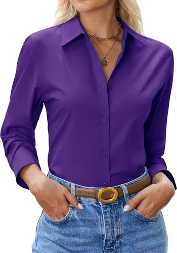 Vista 13 de siliteelon Camisa con botones para mujer: camisa de vestir con cuello de manga larga de algodón con botones, blusa de trabajo y oficina