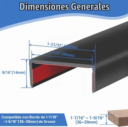 Vista 2 de Borde de goma protector, canal en U autoadhesivo de 1-1/2 pulgadas para maderas, bandas flexibles en forma de U para despegar y pegar, protector