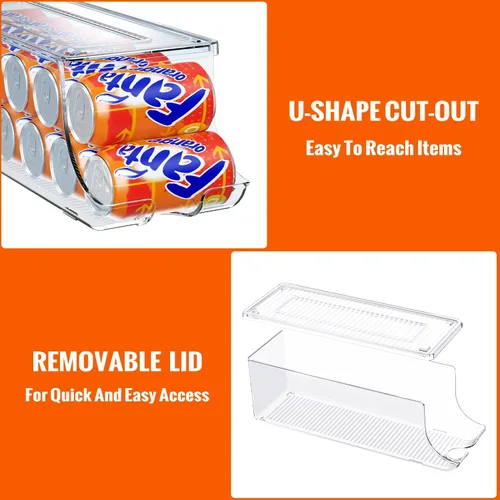 Vista 4 de SCAVATA Paquete de 2 organizadores de latas de soda para refrigerador, contenedor apilable de latas de alimentos enlatados, dispensador de latas