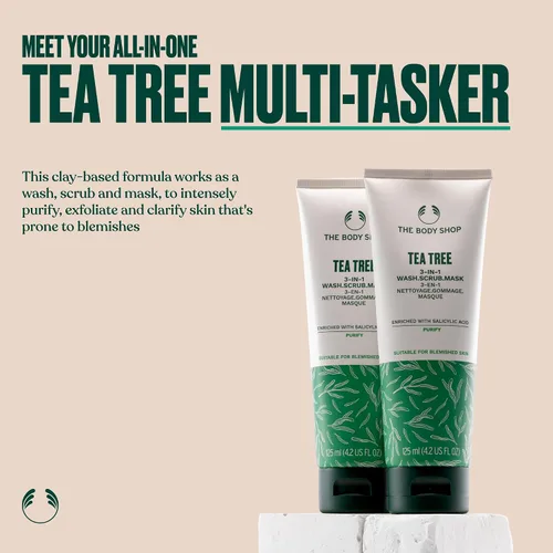 Vista 3 de The Body Shop. Producto 3 en 1 de árbol del té para el baño. Lavar, restregar, aplicar máscara. Hecho con aceite de árbol del té, vegano, 4,2 onzas
