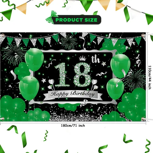 Vista 7 de Cartel verde de cumpleaños número 18 – Cartel grande plateado de feliz 18 para niños y niñas – 73 x 44 pulgadas