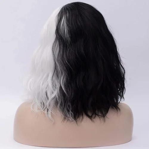 Vista 4 de Peluca corta rizada y ondulada en blanco y negro para mujer, disfraz de cosplay, Halloween