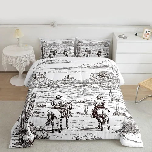Vista 14 de Juego de edredón de vaquero individual, ropa de cama occidental para niños y hombres, ilustración dibujada a mano de caballo americano salvaje
