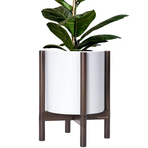 Vista 10 de Maceta de D'vine Dev con soporte - Maceta de flores de cilindro de plástico de 8.0 pulgadas con soporte de madera para interiores, maceta mate negra