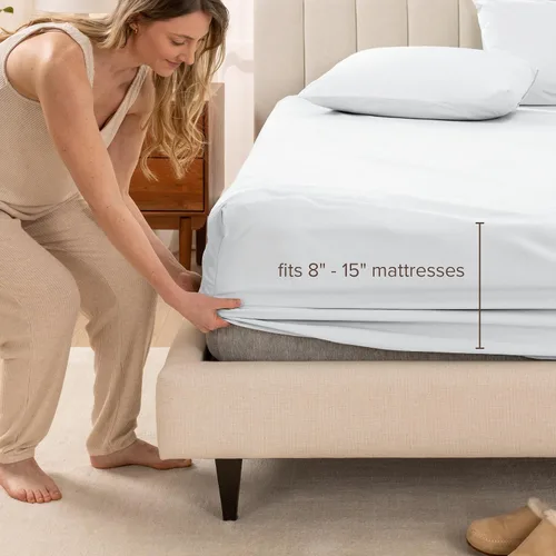 Vista 7 de Bare Home Sábana bajera ajustable 100 % algodón orgánico Twin, tejido de percal crujiente, ligera y transpirable, sábana bajera de bolsillo profundo