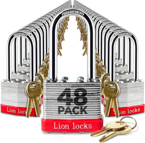 Vista 10 de Lion Locks 4 Candados de Llave Igual con Grillete Largo de 2", 8 Llaves, Candado de Acero Endurecido, Cilindro de Pines de Latón Resistente a