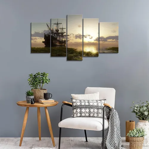 Vista 4 de Barco pirata náutico arte de pared barco vikingo 5 paneles pintura la imagen impresiones sobre lienzo arte moderno para sala de estar decoración