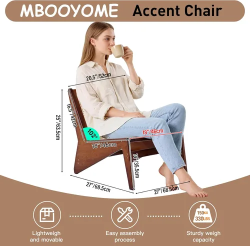 Vista 2 de MBOOYOME Silla decorativa moderna de mediados de siglo para sala de estar, silla baja con marco de madera maciza, cómodo sillón para dormitorio
