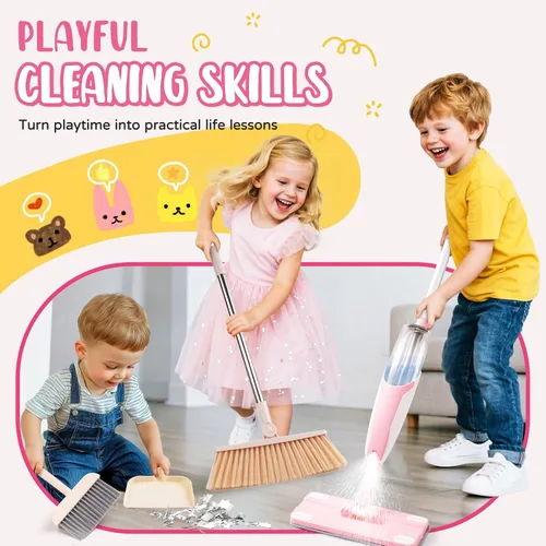 Vista 6 de Juego de juguetes de limpieza para niños, mini trapeador de aerosol rosa, juguetes Montessori, herramienta de limpieza para niños pequeños
