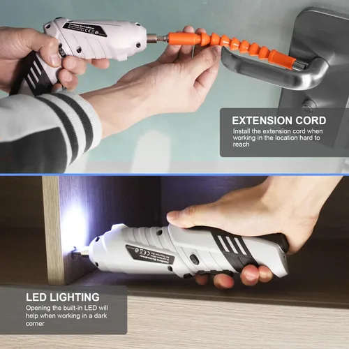 Vista 5 de Pequeño destornillador eléctrico, mini juego de taladros, destornillador inalámbrico recargable de 3.6 V con 47 puntas de controlador, herramienta