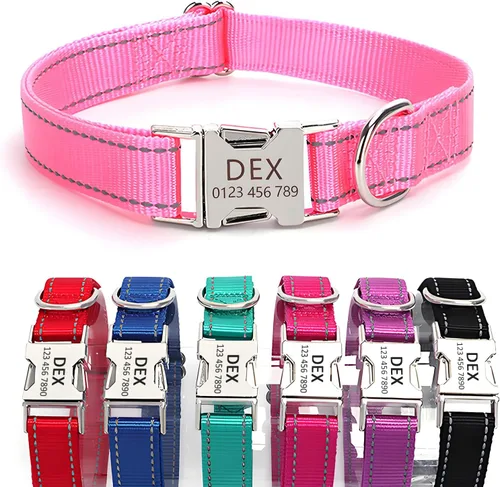 Vista 19 de Collar de perro de nailon reflectante personalizado con etiqueta de nombre Collares de perro con hebilla dorada grabados personalizados Collar