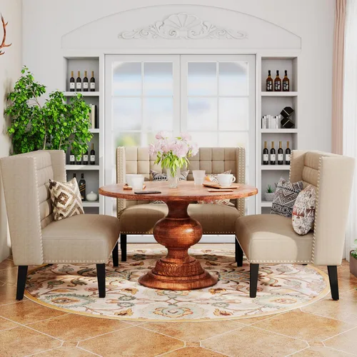 Vista 5 de Sofá de dos plazas moderno, sofá de banquete tapizado para comedor, sala de estar, pasillo o entrada, funiture con patas de madera, masilla