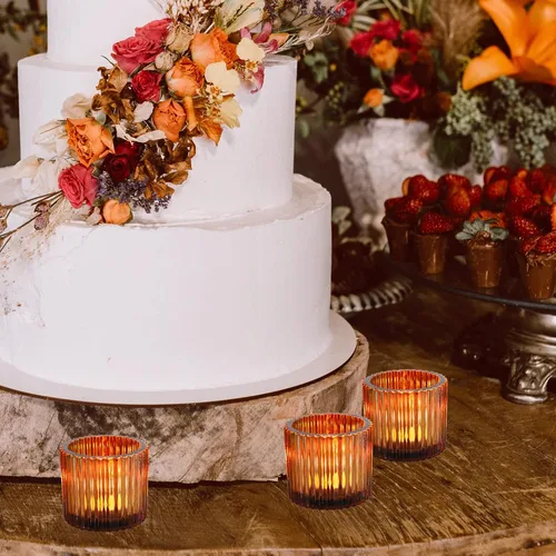 Vista 5 de VOHO Portavelas votivas para velas de boda, juego de 6 portavelas de vidrio ámbar, candelabros a granel para decoración de bodas, centro de mesa