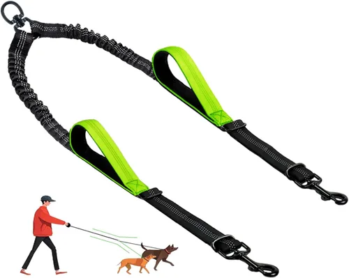 Vista 11 de Correa doble para perro, divisor sin enredos para dos perros, acoplador con cuerda de plomo larga ajustable, asas de control dual, elástico