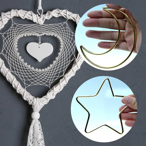 Vista 3 de 12 anillos de metal para atrapasueños, luna, estrella, corazón, círculo dorado para decoración de coronas de boda, manualidades para colgar
