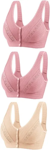 Vista 19 de Glamorette Snap Front Bra Older Women,Snap Front Bra, Sexy Lace Embroidered Bras,Pull-On Front Closure Button Bras 3 unidades de color negro.