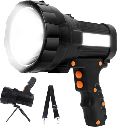 Vista 8 de Proyector recargable súper brillante LED linterna táctica 9600 mAh 6000 lúmenes, luz de punto impermeable, reflector de mano, función de banco