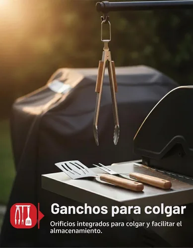 Vista 6 de Juego de herramientas profesionales para barbacoa de madera de acacia (3 piezas) – Kit de accesorios de parrilla de acero inoxidable resistente
