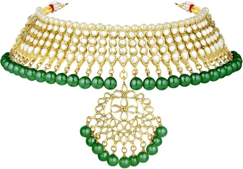 Vista 2 de Aheli Faux Kundan Necklace Earrings Maang Tikka Set Indian Ethnic Wedding Fashion Jewelry Set for Women