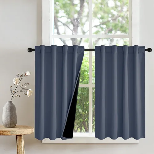 Vista 12 de PONY DANCE Cortinas opacas 100% cortas de 24 pulgadas de largo, medias cortinas con aislamiento térmico para ventanas pequeñas con parte trasera