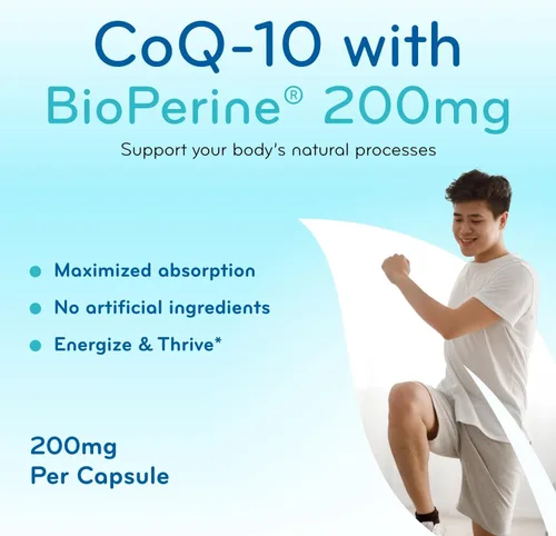 Vista 4 de CoQ10 200 mg con BioPerine - Coenzima de absorción mejorada Q10 200mg Potente antioxidante para energía cardíaca y apoyo al envejecimiento - Tapas