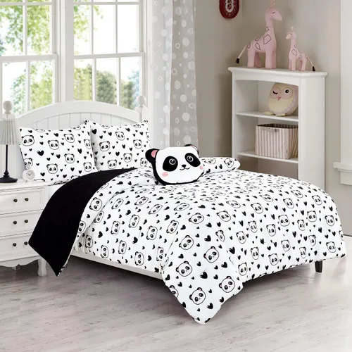 Vista 15 de Chezmoi Collection Juego de ropa de cama de 3 piezas para niñas, color blanco y negro, tamaño individual, juego de edredón de microfibra con Panda