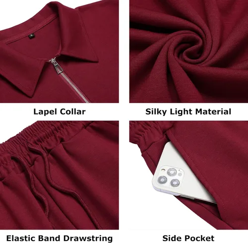 Vista 5 de URRU Conjunto casual de polo y pantalones cortos de manga corta para hombre conjunto de dos piezas conjunto deportivo con cremallera para hombre