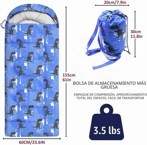 Vista 3 de Sacos de dormir para niños - Sacos de dormir para acampar con bolsa de transporte - Saco de dormir compacto para senderismo, mochilero para 3 Azul