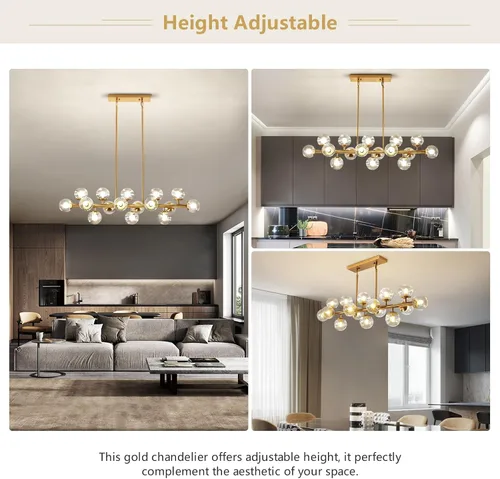 Vista 6 de Candelabro rectangular moderno con 16 luces, lámpara de techo colgante dorada, pantallas de cristal transparente, candelabros dorados para comedor